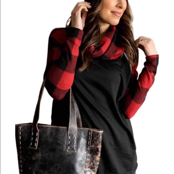Black Cowl Neck Plaid Casual Long Sleeve Top - Picture 2 of 3